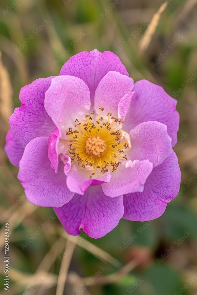 Obraz premium Purple rose blooming in garden showing petals and stamens