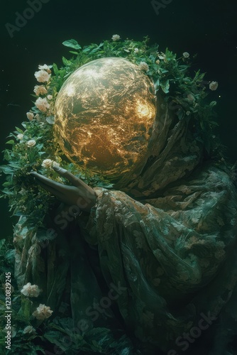 Earth Goddess protects glowing planet, floral background, environmental art