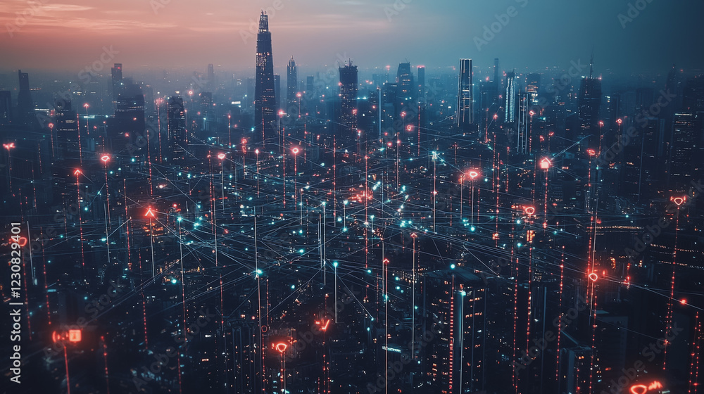 Fototapeta premium Abstract business man stands on Smart digital Innovation city with connection network reciprocity over the twilight cityscape. of future wireless digital city and social media networking systems