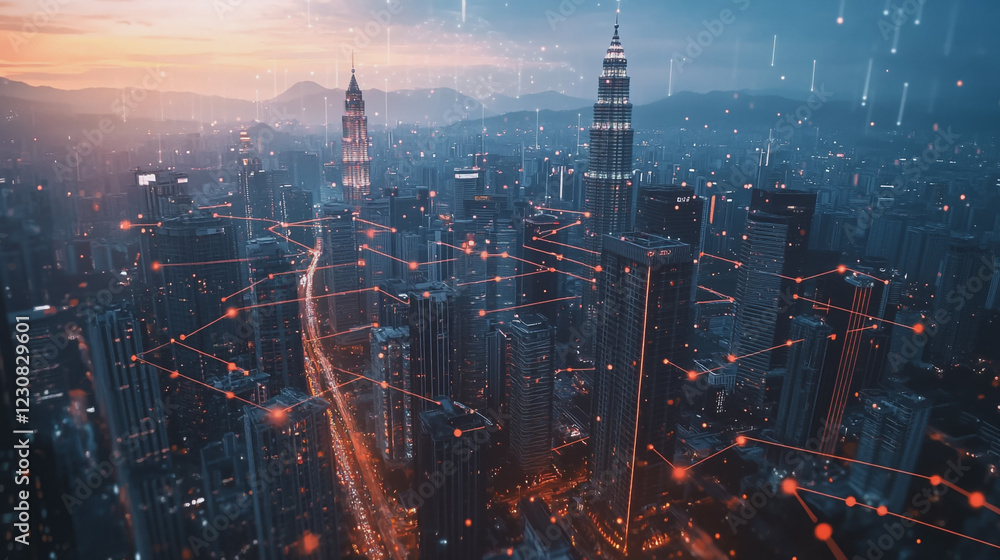 Fototapeta premium Abstract business man stands on Smart digital Innovation city with connection network reciprocity over the twilight cityscape. of future wireless digital city and social media networking systems