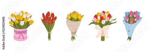 Spring bouquet set with tulips in different arrangements. Perfect for Women's Day, Mother's Day, weddings, and spring celebrations. Vector illustration isolated on white background.