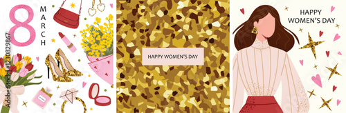 Women's Day, March 8. Vector illustrations of fashion, beauty, flowers, feminine accessories, gold, and celebration. Drawings for postcard, greeting card, poster, and invitation. Collection elements.