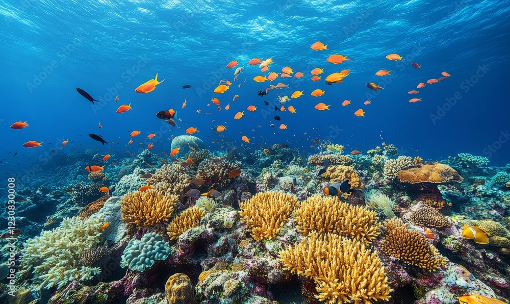 Fototapeta premium Vibrant coral reef teeming with diverse fish species in a crystal-clear ocean.