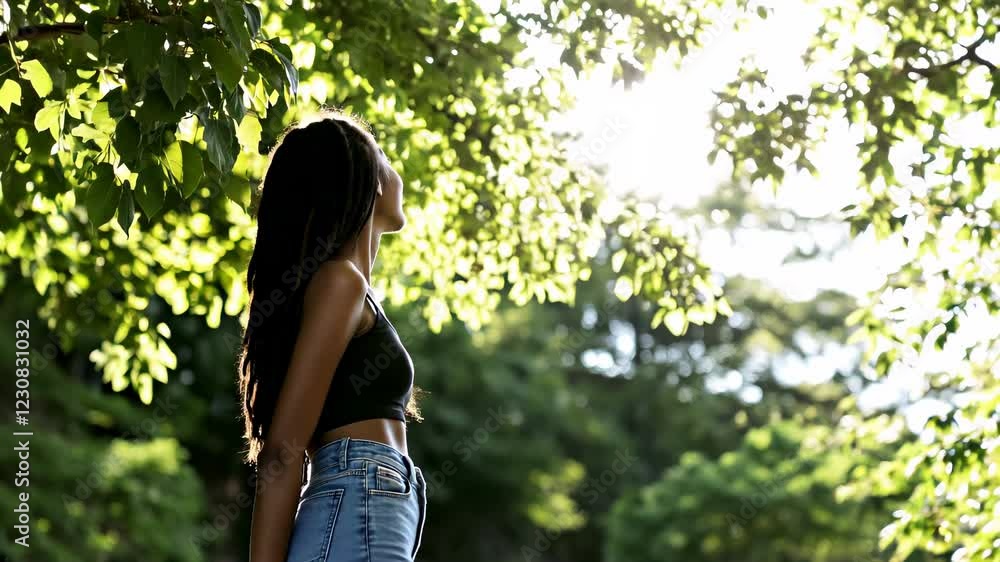A woman with dreadlocks is smiling and looking up at the sun
A woman with dreadlocks is smiling and looking up at the sun