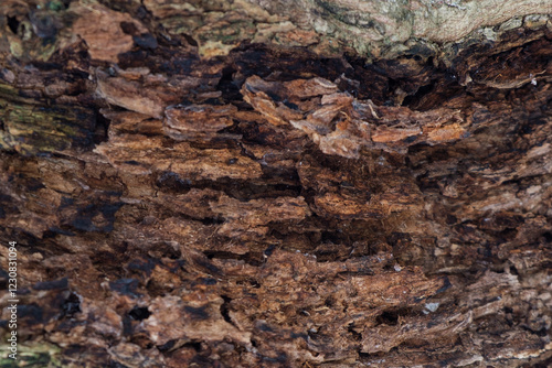 Close-up of Decaying Brown Tropical Tree Bark Texture, Showing the Natural Aging Process