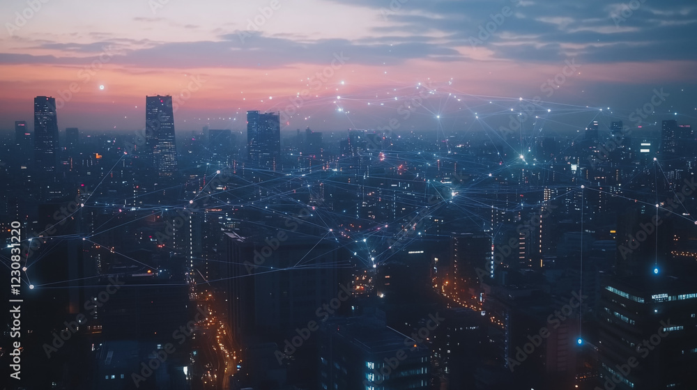Abstract business man stands on Smart digital Innovation city with connection network reciprocity over the twilight cityscape. of future wireless digital city and social media networking systems Abstract business man stands on Smart digital Innovation city with connection network reciprocity over the twilight cityscape. of future wireless digital city and social media networking systems