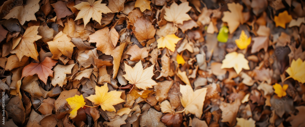 Colorful autumn leaves scattered on the ground with a serene mood representing nature's transition against a blurred earthy background Colorful autumn leaves scattered on the ground with a serene mood representing nature's transition against a blurred earthy background