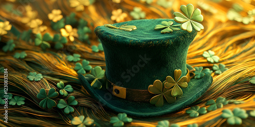 Leprechaun's Hat Surrounded by Swirling Gold Coins and Shamrocks photo