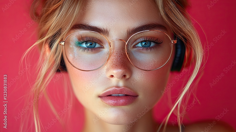Close-up portrait of a young woman with blue eyes wearing round eyeglasses. Close-up portrait of a young woman with blue eyes wearing round eyeglasses.