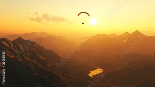 Golden hour paragliding adventure over a vast mountain range landscape with a glowing sun