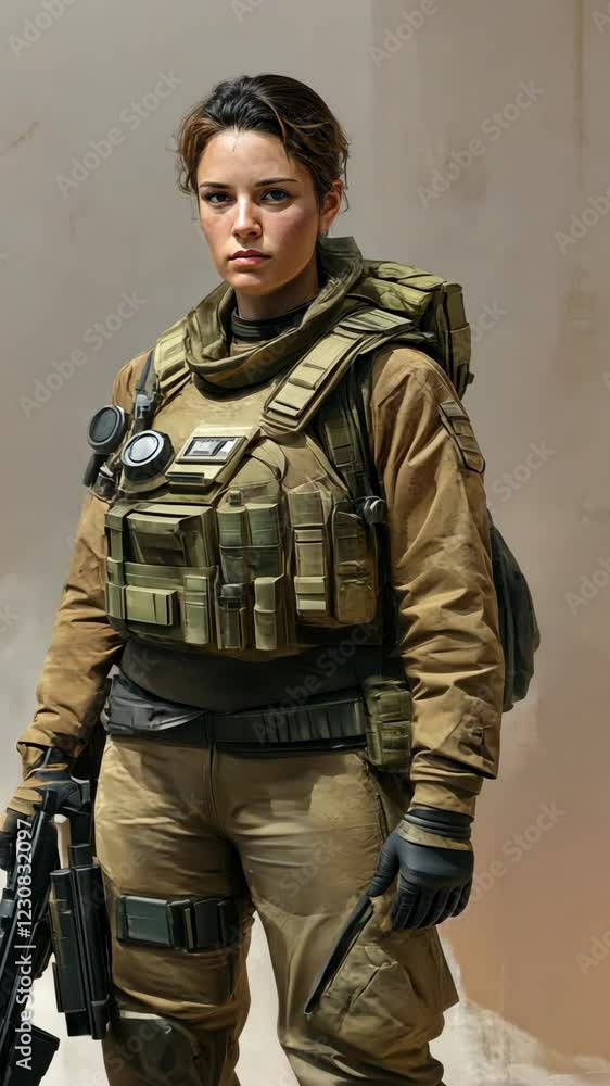 Soldier equipped with tactical gear stands confidently in a neutral environment ready for action Soldier equipped with tactical gear stands confidently in a neutral environment ready for action