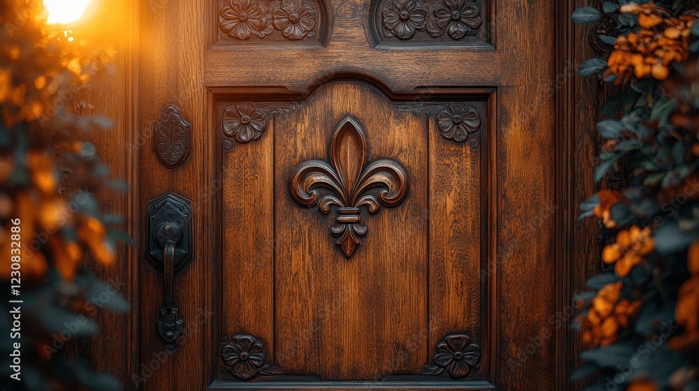 A wooden door with a beautifully carved fleur-de-lis design in the center A wooden door with a beautifully carved fleur-de-lis design in the center