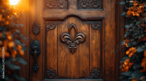 A wooden door with a beautifully carved fleur-de-lis design in the center photo