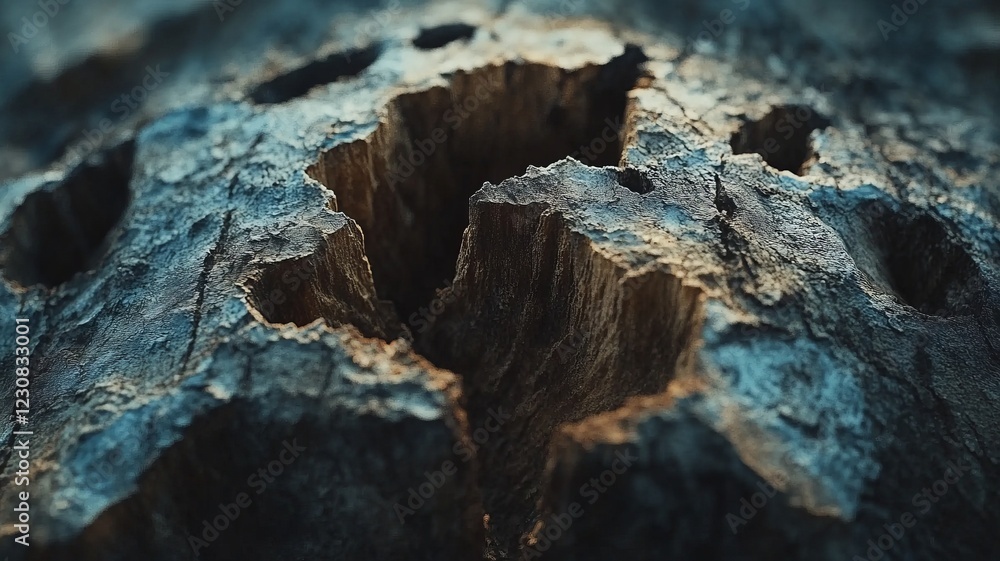 Close-up of a decaying tree stump, revealing intricate textures and deep holes. Close-up of a decaying tree stump, revealing intricate textures and deep holes.
