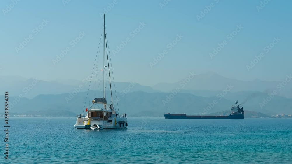 White catamaran is sailing on the sea. A large cargo ship is in the background. The sea is blue and the sky is clear. There are mountains in the distance White catamaran is sailing on the sea. A large cargo ship is in the background. The sea is blue and the sky is clear. There are mountains in the distance