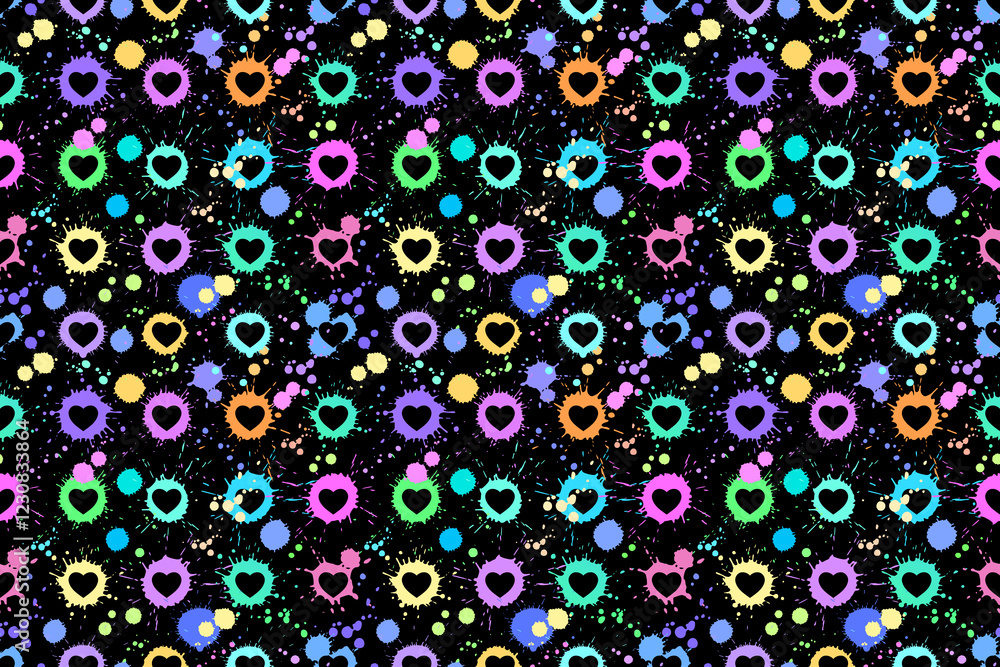 Seamless pattern of colorful splashes and hearts Seamless pattern of colorful splashes and hearts