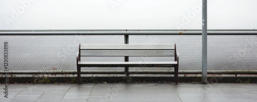 Isolated bus stop bench, metallic railings polished and unyielding, placed in a foggy industrial area, embodying cold functionality and exclusion photo