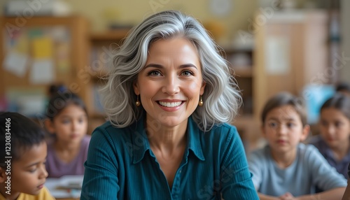Beautiful charismatic senior woman teacher with grey hair in classroom with kids.