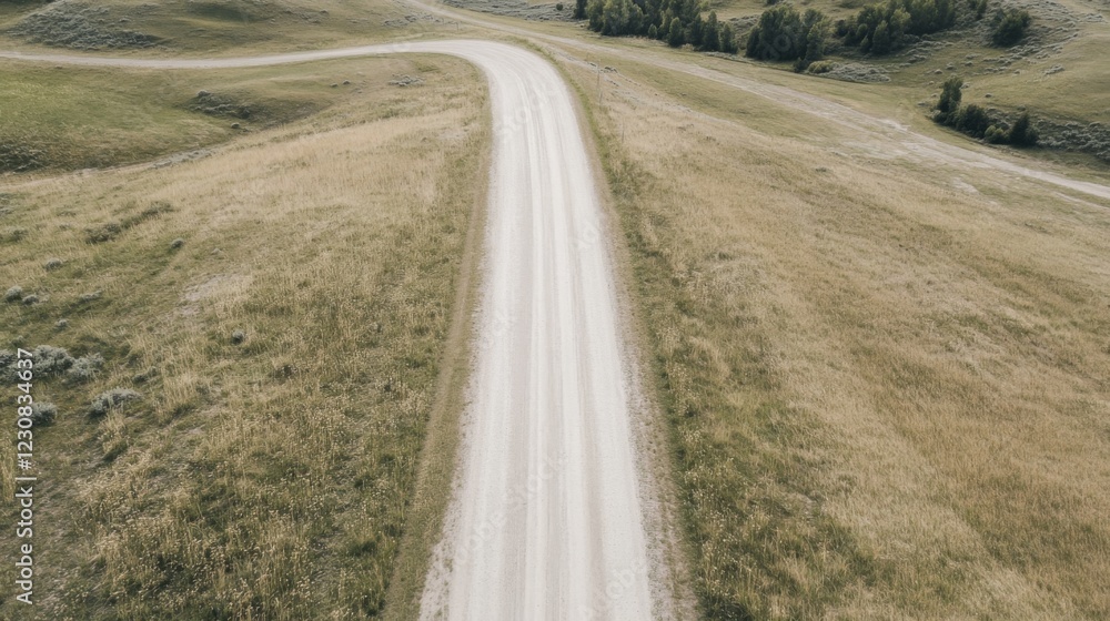 Aerial view of a winding dirt road through a grassy landscape. Aerial view of a winding dirt road through a grassy landscape.