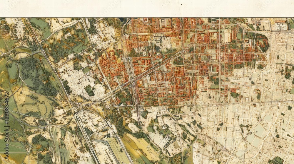 Naklejka premium Aerial View of a City: A Bird's Eye Perspective of Urban Development and Green Spaces