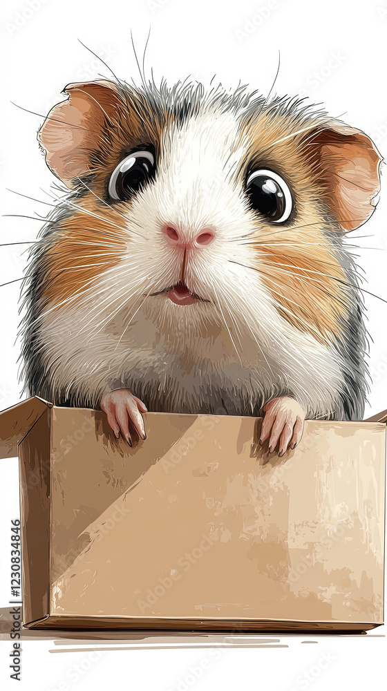 Fototapeta premium A playful illustration of a American Guinea Pig sitting inside a box, with large, curious eyes and exaggerated whiskers, drawn in a whimsical, child-friendly style
