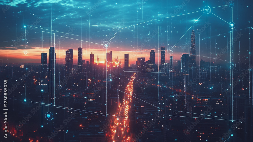 Fototapeta premium Smart digital Innovation city with connection network reciprocity over the cityscape. of future smart wireless digital city and social media networking systems that connects people with in city