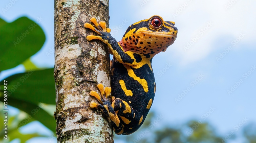 Vibrant Yellow And Black Tree Frog On A Tree Branch Vibrant Yellow And Black Tree Frog On A Tree Branch