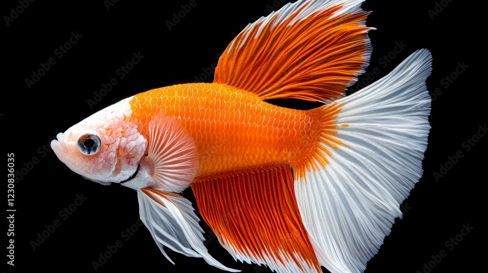 Fototapeta premium Vibrant orange and white betta fish in dynamic motion, captured against a solid black background, highlighting its flowing fins