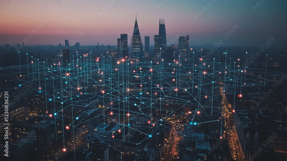 Fototapeta premium Abstract business man stands on Smart digital Innovation city with connection network reciprocity over the twilight cityscape. of future wireless digital city and social media networking systems