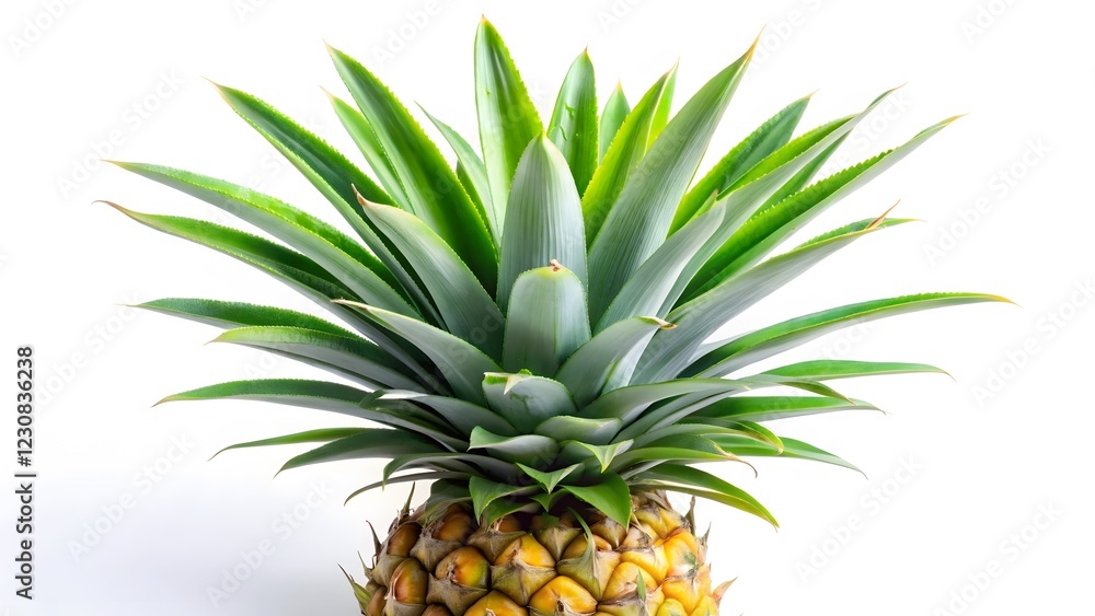 Fresh Pineapple with Green Leaves on White Background