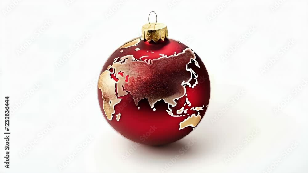 Rotating red globe ornament with world map design on white background Rotating red globe ornament with world map design on white background
