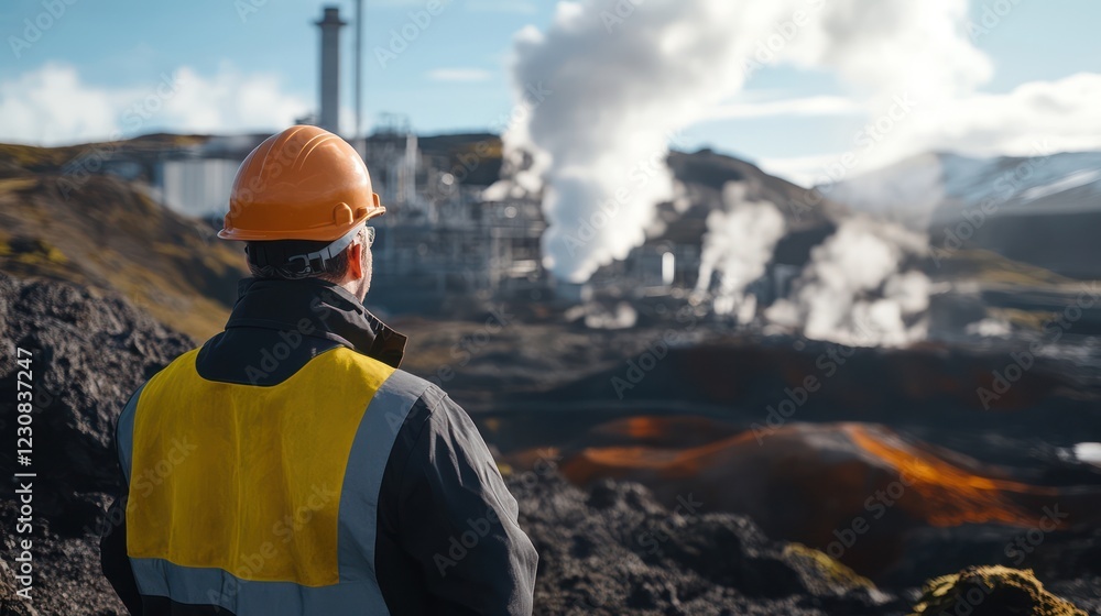 Obraz premium An engineer in a geothermal plant, surrounded by steam vents and rocky terrain.