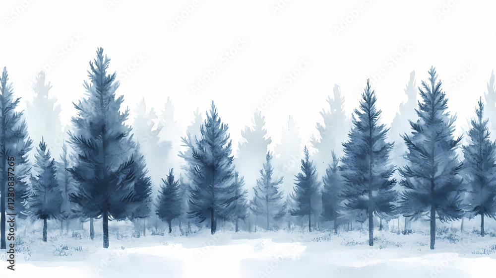 Fototapeta premium Trees in the winter forest. watercolor landscape. Frosted Fields. Illustration