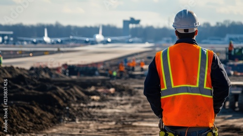An engineer at an airport runway construction site, with planes taxiing in the distance. 