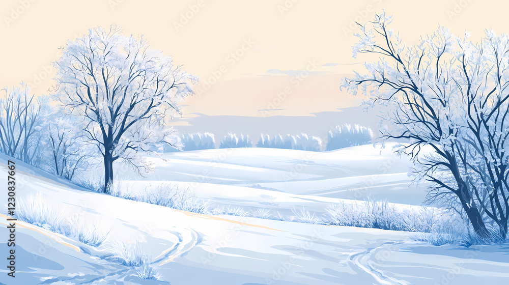 Winter morning with snow-covered fields and a distant line of frosted trees against a pale sky. Frosted Fields. Illustration Winter morning with snow-covered fields and a distant line of frosted trees against a pale sky. Frosted Fields. Illustration