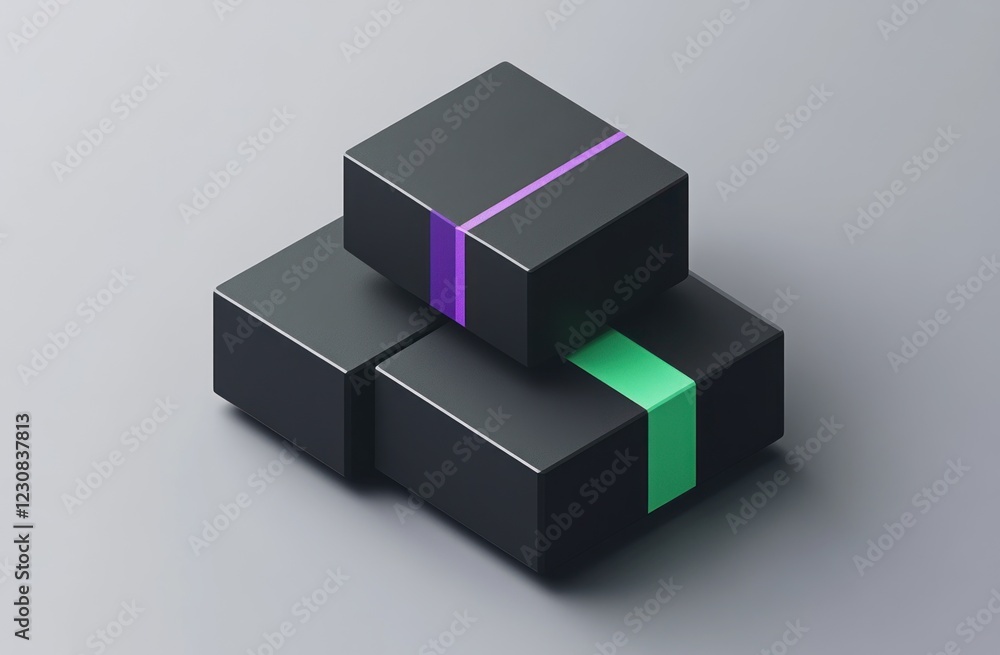 Obraz premium Stacked black cubes with purple and green stripes.