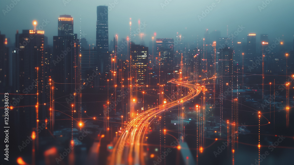 Fototapeta premium Smart digital Innovation city with connection network reciprocity over the cityscape. of future smart wireless digital city and social media networking systems that connects people with in city