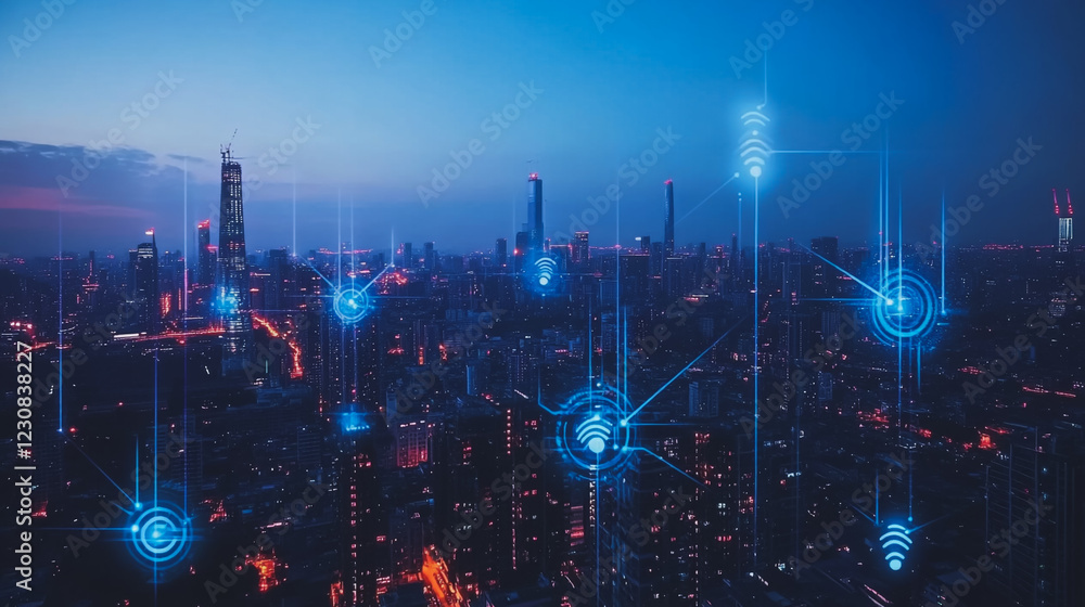 Fototapeta premium Smart digital Innovation city with connection network reciprocity over the cityscape. of future smart wireless digital city and social media networking systems that connects people with in city