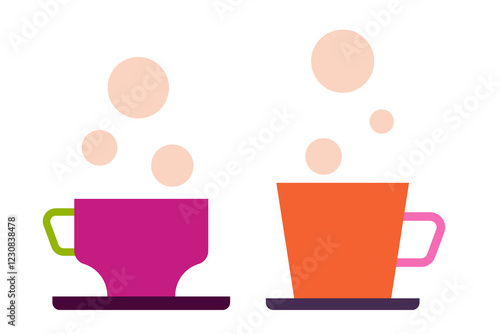 Two steaming coffee cups, mugs in vibrant colors - magenta and coral orange with contrasting handles and saucers. Geometric flat design perfect for café branding, menu, and coffee-themed social media photo