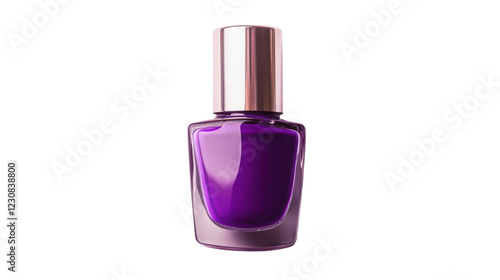 Purple nail polish bottle reflecting light on transparent background