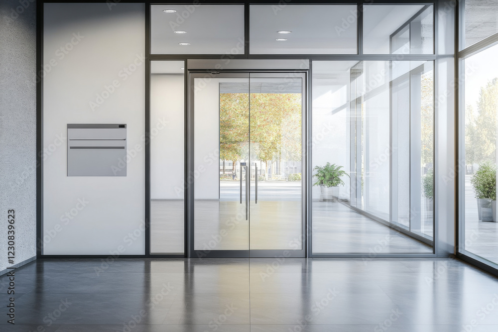 Glass door with metal handles mock up. Office entrance with space sign board on wall mockup Glass door with metal handles mock up. Office entrance with space sign board on wall mockup