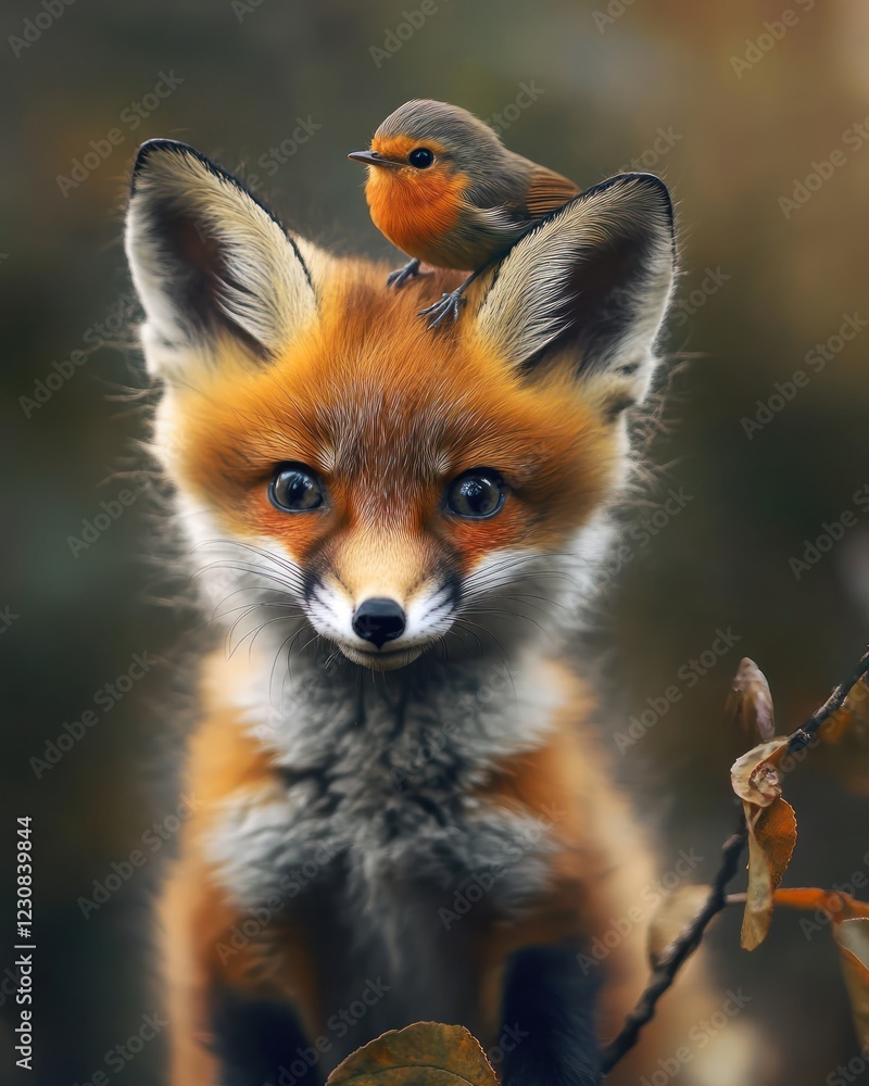 Obraz premium Fox kit, robin, autumn forest, closeup, wildlife
