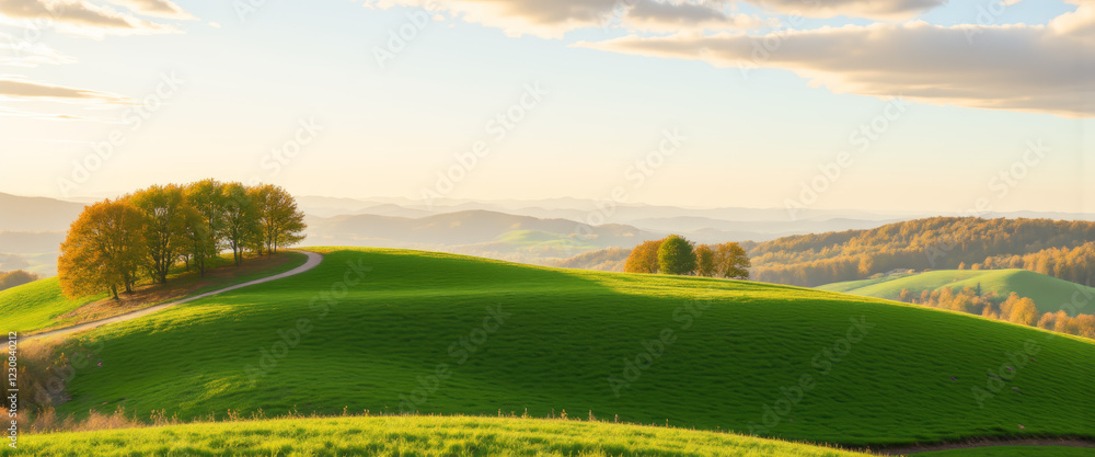 Obraz premium Green hills landscape with a peaceful mood showcasing nature against a serene sky