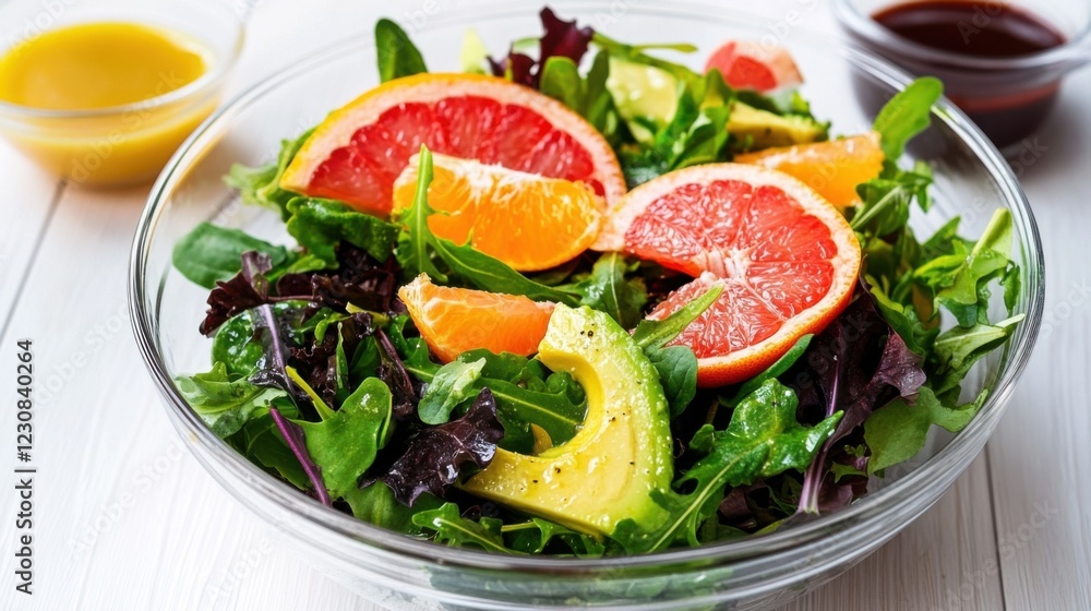 A refreshing avocado and citrus salad with mixed greens, grapefruit segments, and a light vinaigrette A refreshing avocado and citrus salad with mixed greens, grapefruit segments, and a light vinaigrette