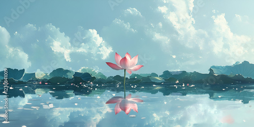 Lotus Flower Floating on Still Water with Reflections photo