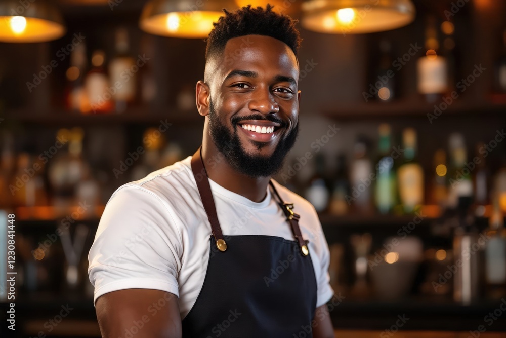 Fototapeta premium portrait of a young smiling Barbadian male bartender against blurred bar background