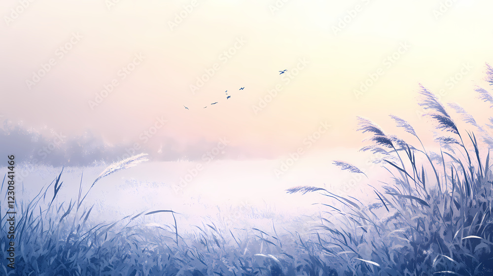 Obraz premium Fog-laden fields with frost-covered grasses under a pale morning sky. Frosted Fields. Illustration
