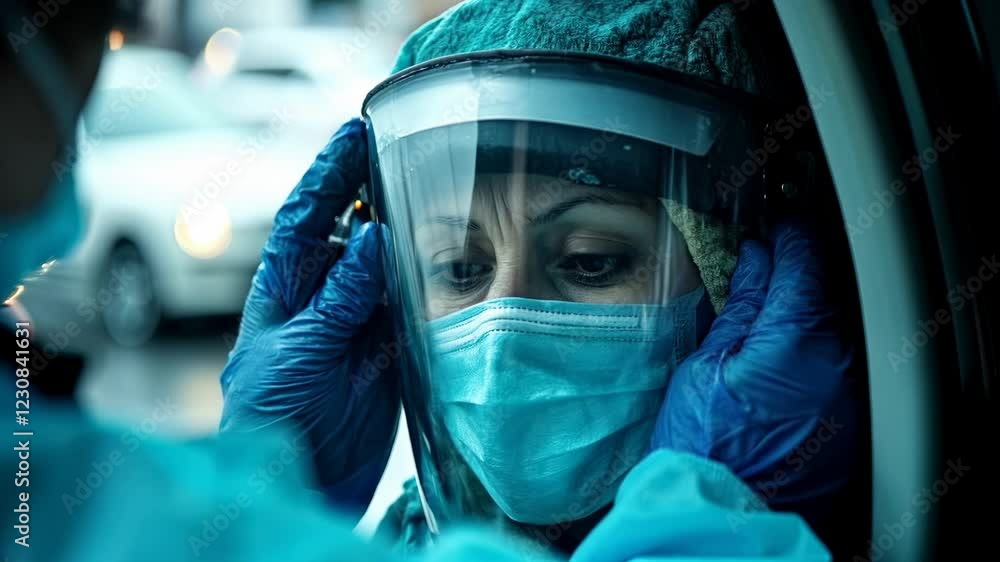Healthcare worker assists individual with protective gear at medical facility during health crisis Healthcare worker assists individual with protective gear at medical facility during health crisis