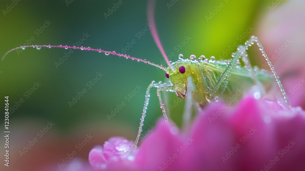 Closeup of Green Planthopper Covered in Dew on Pink Flower Petal Closeup of Green Planthopper Covered in Dew on Pink Flower Petal