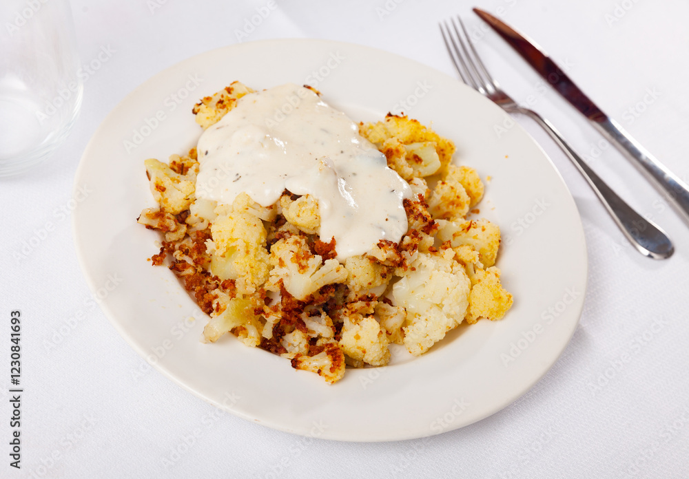 Delicious fried cauliflower with sour cream served on plate Delicious fried cauliflower with sour cream served on plate
